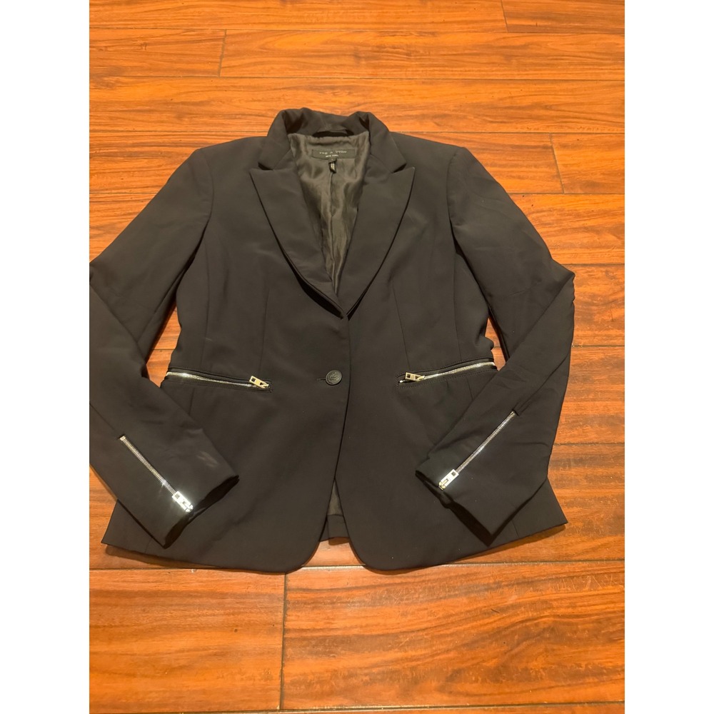 Rag & Bone Black Zipper Detail Blazer Jacket Size 2 Made‎ in USA Single Button
